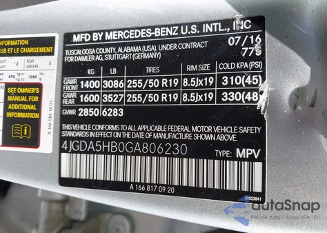 2016 Mercedes-Benz Gle 350 4Matic z USA, uszkodzony, nr VIN 4JGDA5HB0GA806230